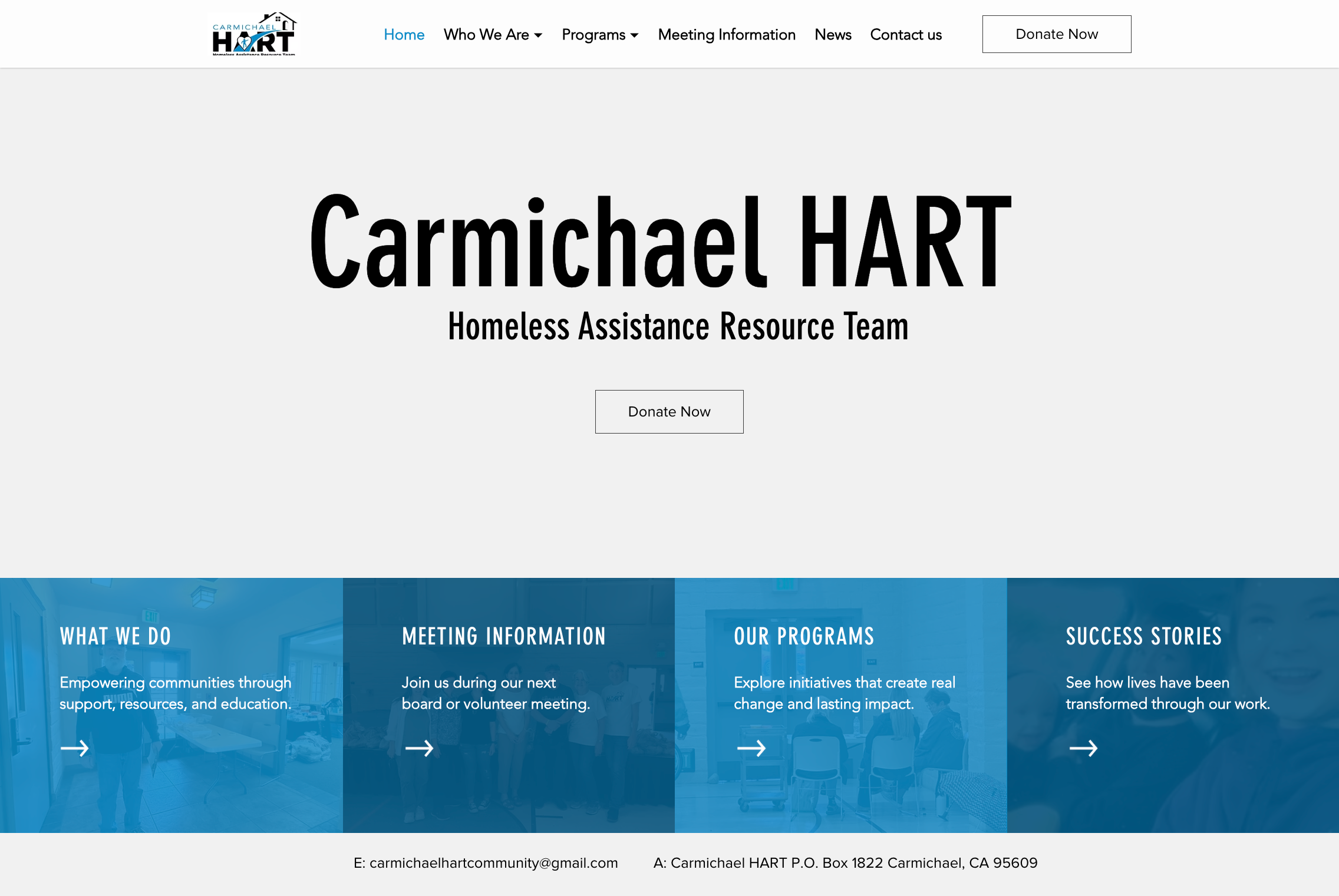 Redesigned homepage with a single donate call to action and a four-tile grid for What We Do, Meeting Information, Our Programs, and Success Stories